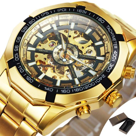 Imagem de Relógio Automático Forsining 188 Dourado  Aço Inoxidável E Caixinha Original