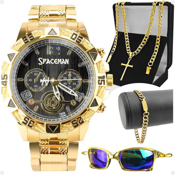 Imagem de relogio banhado masculino + cordão + pulseira + oculos sol social presente qualidade premium casual