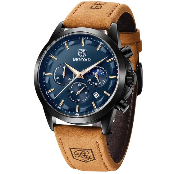 Imagem de Relógio BY BENYAR Chronograph impermeável para homens em couro marrom