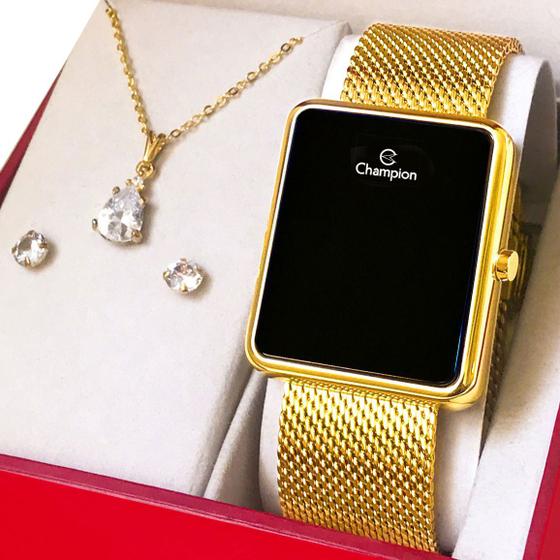 Imagem de Relógio Champion Feminino Dourado Digital LED Original com garantia de 1 ano acompanha kit de colar e brincos