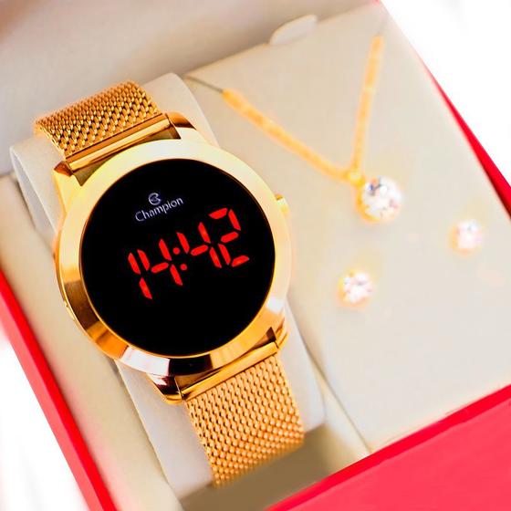 Imagem de Relógio Champion Feminino Dourado Digital Led Vermelho CH40106H Original