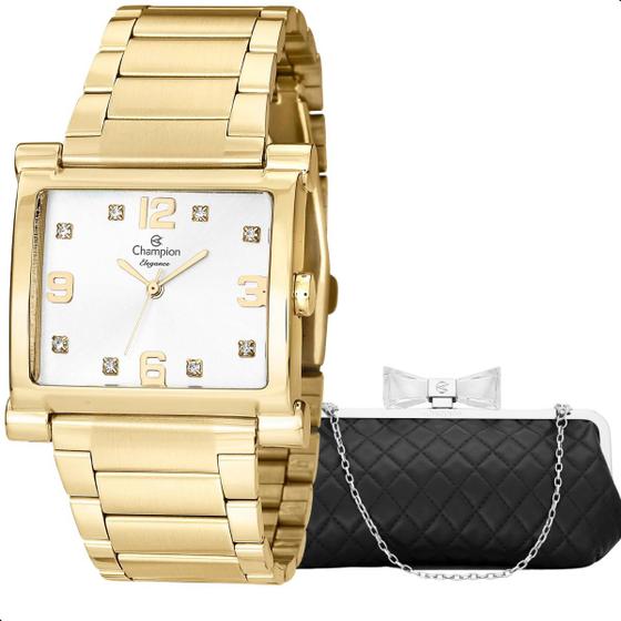 Imagem de Relogio champion feminino dourado quadrado medio cn26939w + bolsa