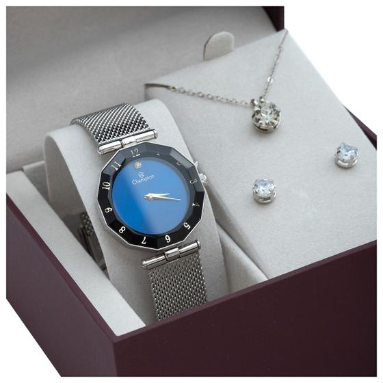 Imagem de Relógio Champion Feminino Prata com Fundo Azul CN24502F