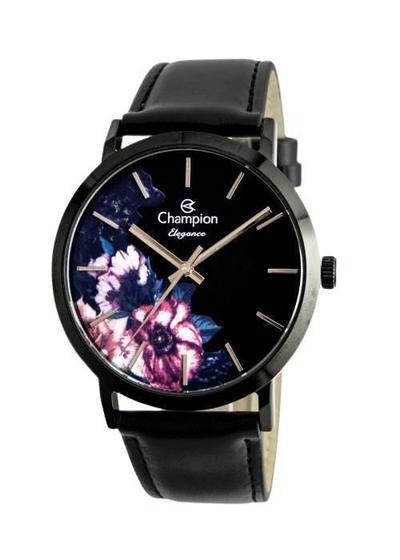 Imagem de Relogio Champion Feminino Preto Couro Floral Cn20720M