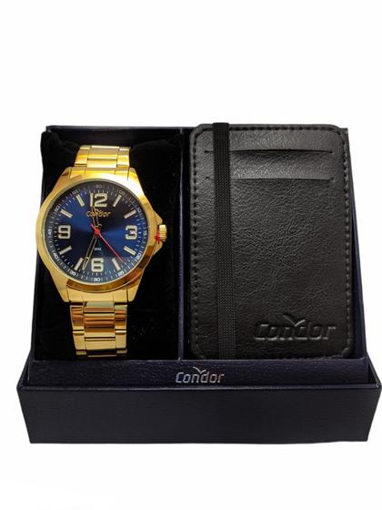 Imagem de Relógio condor masculino dourado e azul inox kit com porta cartão caixa presenteável