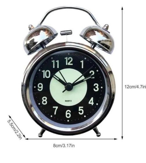 Imagem de Relógio de Mesa Despertador de Inox Retrô Analógico Brilha no Escuro 8cm x 12cm HM5391