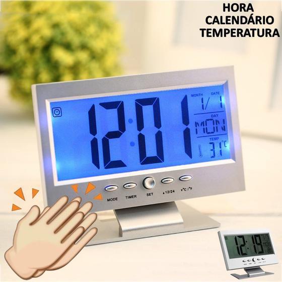 Imagem de Relógio De Mesa Digital Lcd Led Acionamento Sonoro Despertador Termometro Prata Cbrn01439