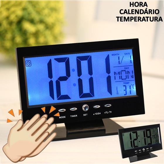 Imagem de Relógio De Mesa Digital Lcd Led Acionamento Sonoro Despertador Termometro Preto Cbrn01422