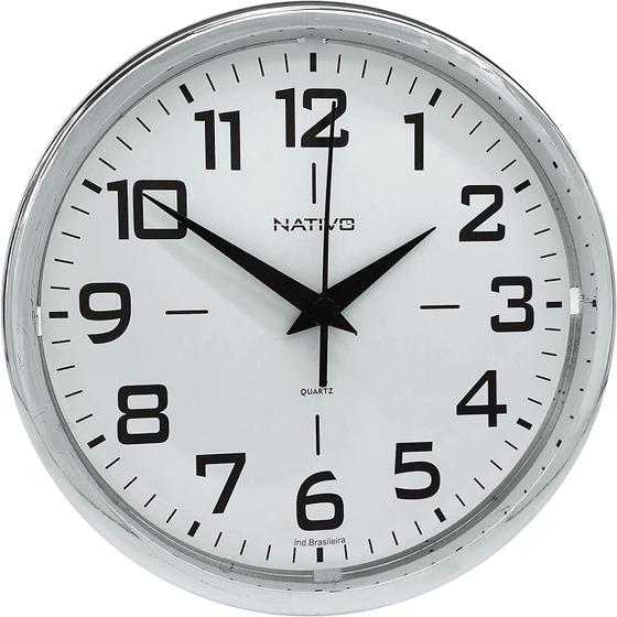 Imagem de Relógio De Parede Decorativo 23cm Analógico Redondo Moderno Metalizado Cromo Decoração Escritório Cozinha Sala