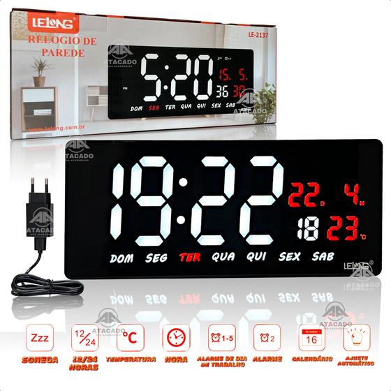 Imagem de Relógio de Parede Led Digital Data Hora Alarme Academia Consultório Casa