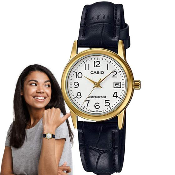 Imagem de Relógio de Pulso Casio Feminino Analógico Classico Dourado Pulseira de Couro Moderno Original Pequeno LTP-V002GL-7B2UDF