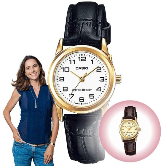 Imagem de Relógio de Pulso Casio Feminino Clássico Pulseira de Couro Social Analógico Dourado LTP-V001GL