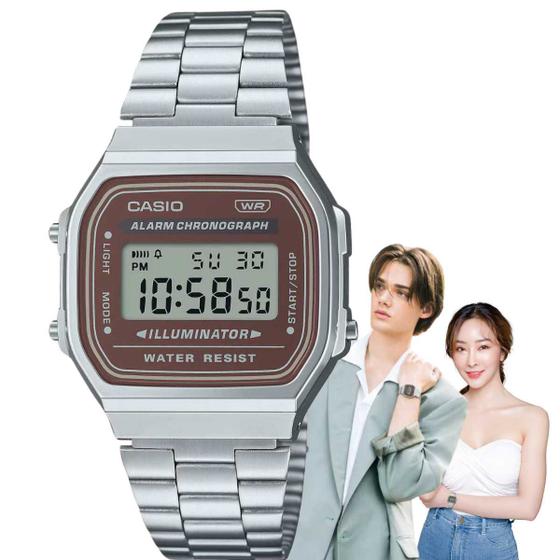 Imagem de Relógio de Pulso Casio Feminino Masculino Digital Aço Inóx Vintage Resistente Água Quadrado Pequeno Casual Prata A168WA-5AYDF