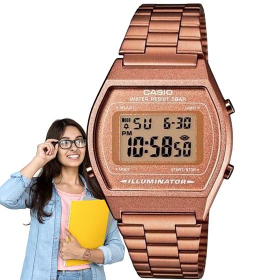 Imagem de Relógio de Pulso Casio Feminino Vintage Quadrado Digital Prova Dágua 5 ATM Illuminator Pulseira Aço Inóx Casual Rose Gold B640WC-5ADF