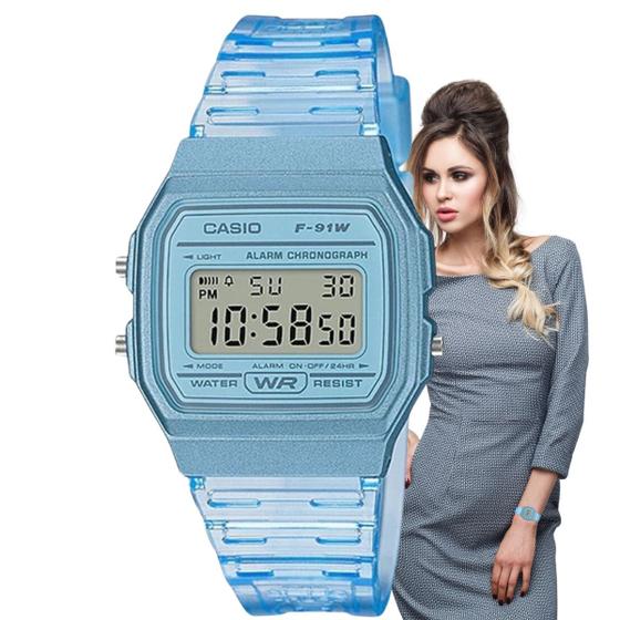 Imagem de Relógio de Pulso Casio Feminino Vintage Quadrado Leve Standard Casual Azul F-91WS-2DF