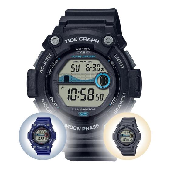 Imagem de Relógio de Pulso Casio Masculino Digital Esportivo 3 Alarmes Tabua de Mares Surf com 10 anos de Bateria Original Azul Grafite Preto WS-1300H