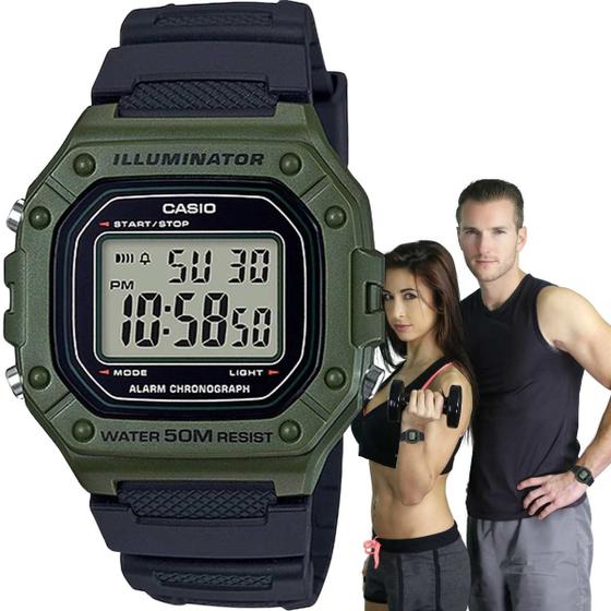 Imagem de Relógio de Pulso Casio Masculino Digital Esportivo Quadrado Prova Dágua 50 Metros Verde Pulseira Resina Preta W-218H-3AVDF