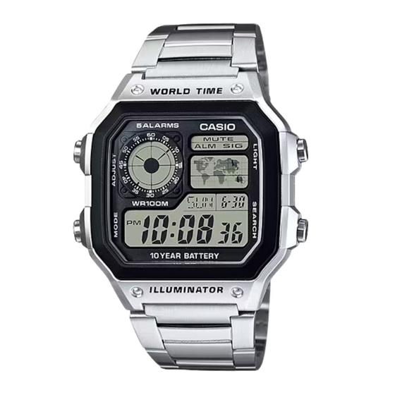 Imagem de Relógio de Pulso Casio Masculino Digital Hora Mundial 5 Alarmes Cronografo Temporizador Esportivo Prova D Água 100 Metros Prata AE-1200WHD-1AVDF