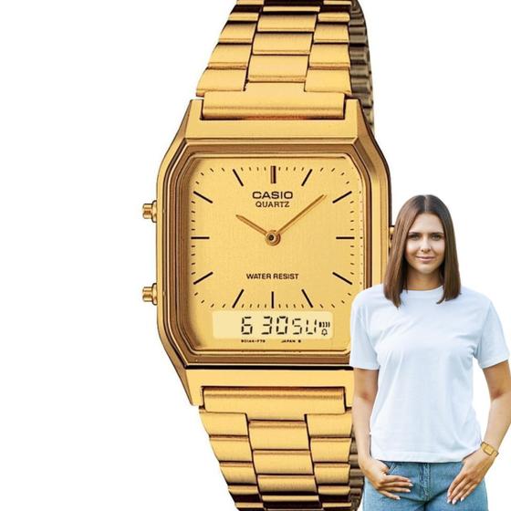 Imagem de Relógio de Pulso Casio Masculino Feminino Quadrado Retro Vintage Analógico Digital Fashion Alarme Calendário Quartz Casual Dourado AQ-230GA-9DMQ