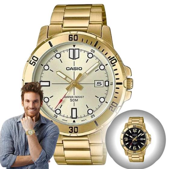 Imagem de Relógio de Pulso Casio Masculino Prova D àgua 5 ATM Analógico Aço Inóx Redondo Estiloso Social Casual Collection Dourado MTP-VD01G 