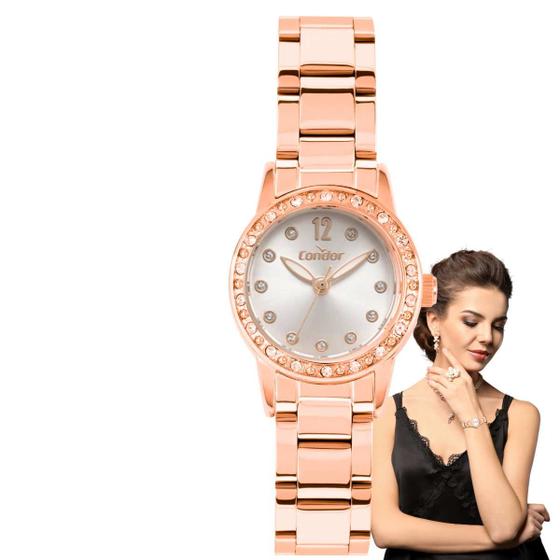 Imagem de Relógio de Pulso Condor Feminino Pequeno Mini Redondo Quartz Analogico Resistente Água Aço Inóx Casual Dourado COPC21J 