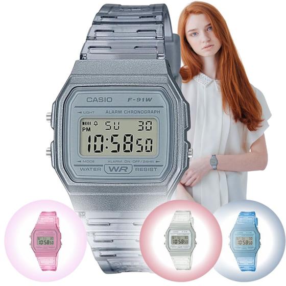 Imagem de Relógio de Pulso Feminino Casio Vintage Digital Esportivo Leve Transparente Azul Rosa Cinza Leve Moderno Original F-91WS 