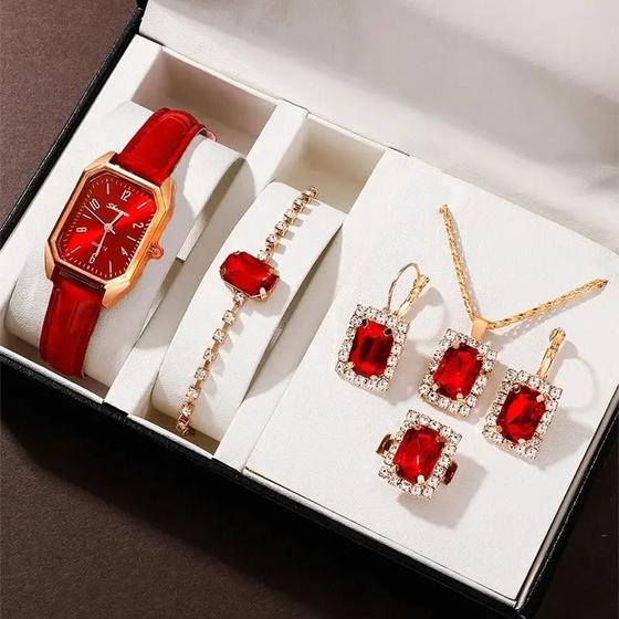 Imagem de Relógio de Pulso Feminino de Quartzo - Design Quadrado Luxuoso com Pulseira de Couro Vermelho