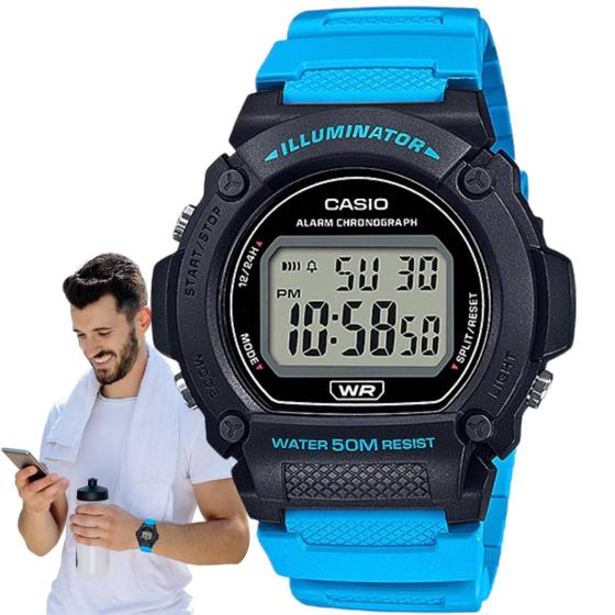 Imagem de Relógio De Pulso Masculino Casio Illuminator Digital Redondo Prova Dágua 50 Metros Esportivo Azul W-219H-2A2VDF