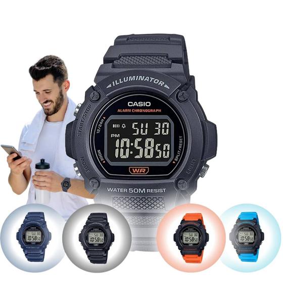 Imagem de Relógio De Pulso Masculino Casio Illuminator Digital Redondo Prova Dágua 50 Metros Esportivo Preto Azul Laranja e Cinza W-219H