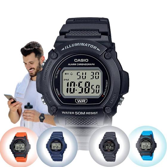 Imagem de Relógio De Pulso Masculino Casio Illuminator Digital Redondo Prova Dágua 50 Metros Esportivo Preto Azul Laranja e Cinza W-219H