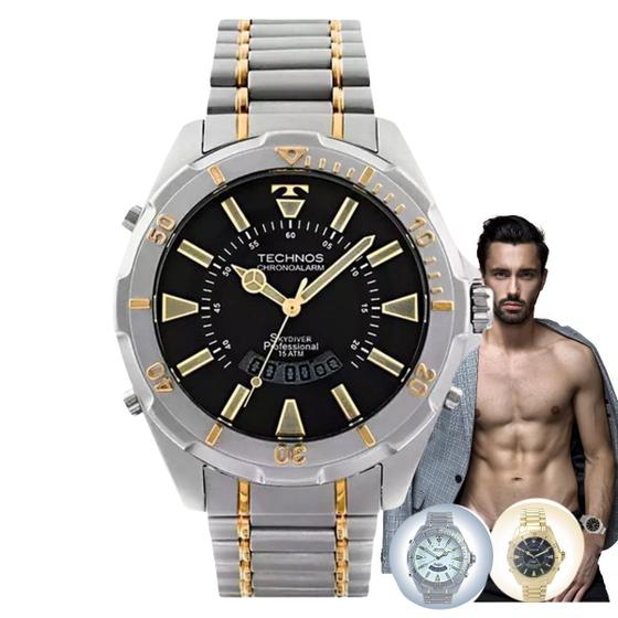 Imagem de Relógio de Pulso Masculino Technos Skydiver Prova Dagua 150 Metros Analógico Digital Pulseira e Caixa em Aço Inox Original