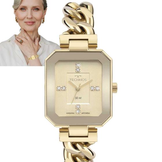 Imagem de Relógio de Pulso Technos Feminino Prova Dágua 5 ATM Analógico Quadrado Fashion Casual Dourado 2036MQN/1X