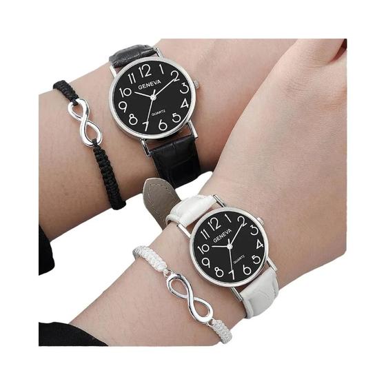 Imagem de Relógio de Quartzo com Pulseira de Couro para Casal - Pulseiras Infinitas - Preto e Branco