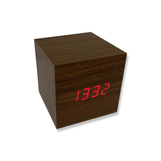 Imagem de Relógio Despertador De Mesa Digital Em LED Elegante Estilo Madeira Formato Cubo