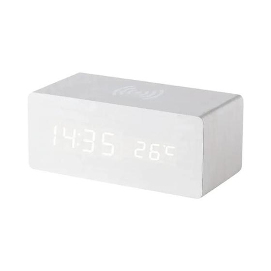 Imagem de Relógio Despertador Digital de Madeira com Carregamento Sem Fio e LED - Hora, Data e Temperatura