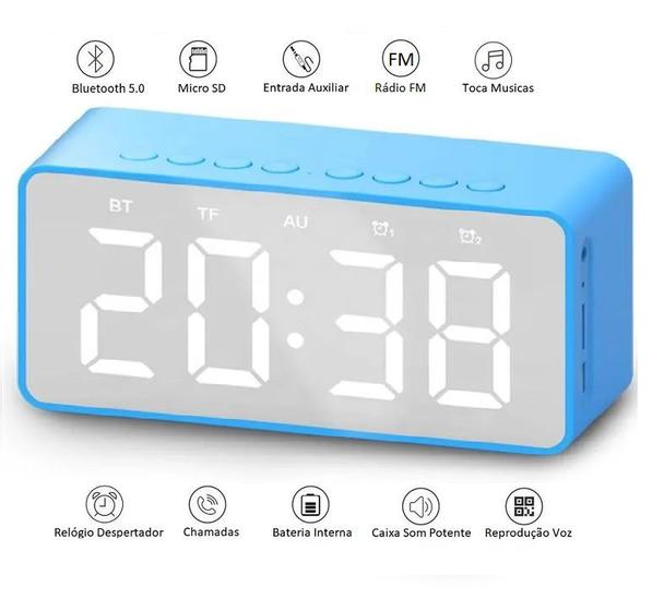 Imagem de Relogio Despertador FM Bluetooth Caixa De Som Atende Chamadas  Azul KLX Qualidade e Inovação