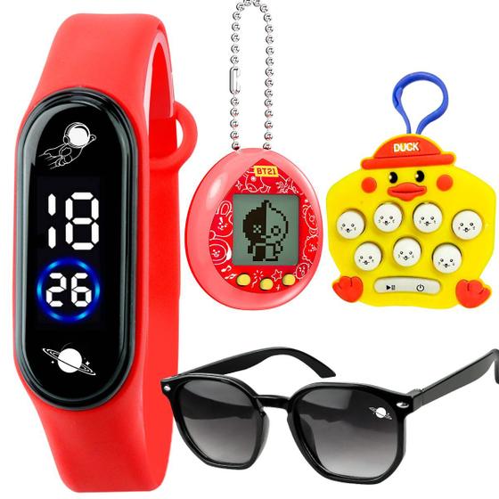 Imagem de Relógio digital + bichinho virtual + popit chaveiro + oculos pulseira ajustavel resistente vermelho