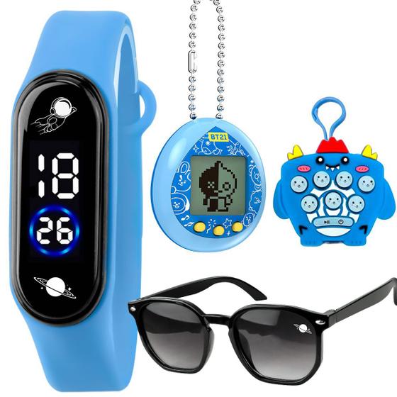 Imagem de Relógio digital + chaveiro popit + oculos + bichinho virtual resistente azul presente protecao uv