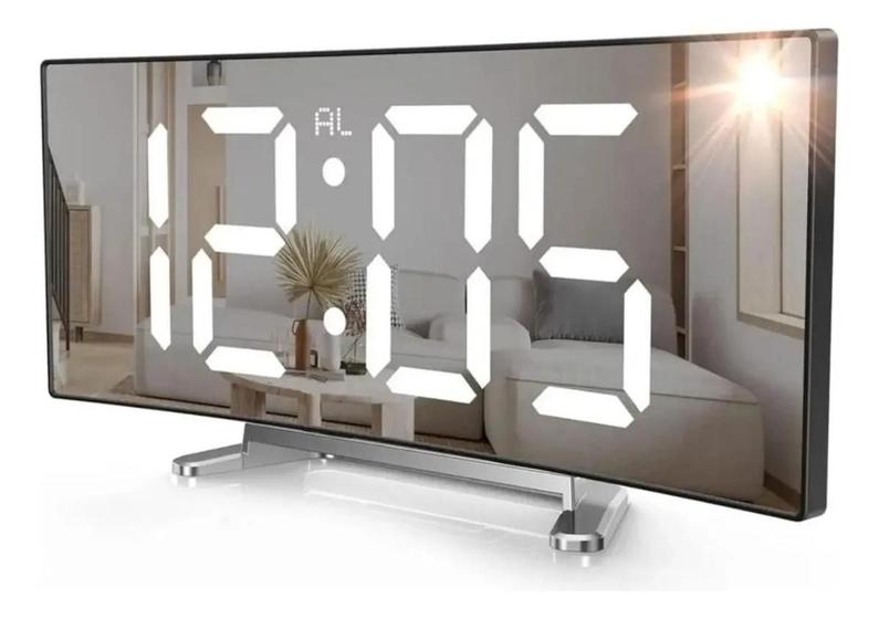 Relógio Digital De Mesa espelhado curvado Led E Alarme Temperatura Data Hora - DYANNA Imagem de Relógio Digital De Mesa espelhado curvado Led E Alarme Temperatura Data Hora
