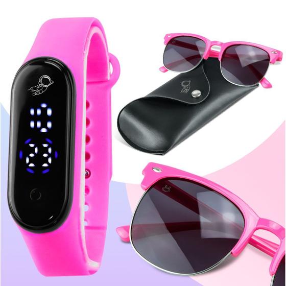Imagem de relogio digital infantil prova dagua led + oculos sol + case menina silicone qualidade premium esportivo original rosa