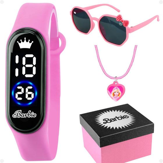 Imagem de relogio digital infantil rosa barbie + oculos sol resistente menina presente proteção uv criança