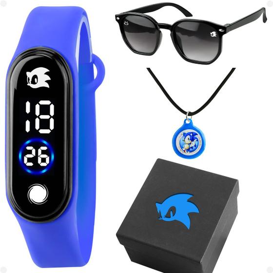 Imagem de Relogio Digital Infantil Sonic + Caixa acetato menino prova dagua original esportivo led qualidade premium silicone azul