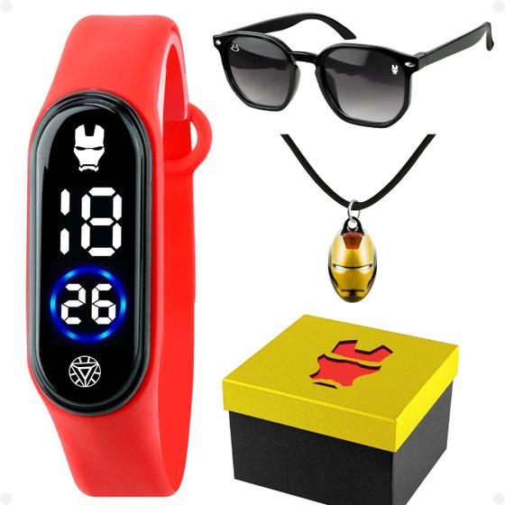 Imagem de Relogio Digital Iron Man Infantil + Colar + Caixa led prova dagua silicone criança homem de ferro ajustavel acetato