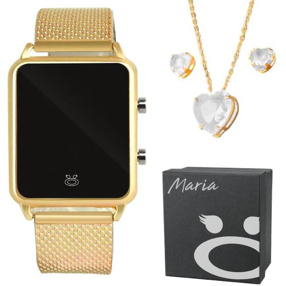 Imagem de Relogio digital led + pulseira + colar brinco + caixa qualidade premium dourado presente casual