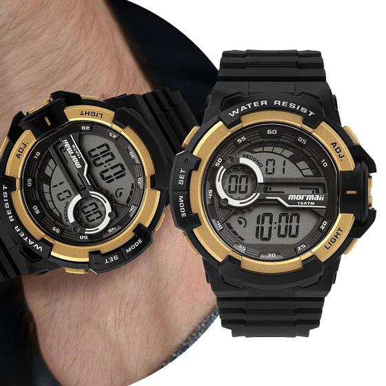 Imagem de Relógio Digital Masculino Esportivo de Pulso com Pulseira de Silicone à Prova D Água Surf Shock Militar Tático Preto e Dourado Mormaii