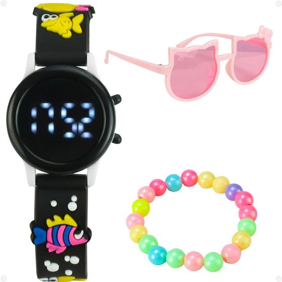 Imagem de relogio digital menina preto infantil + oculos + pulseira verão praia pulseira ajustavel criança