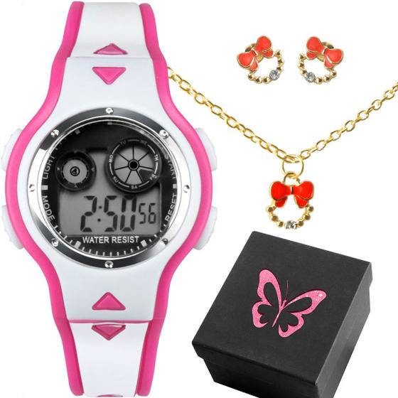 Imagem de Relogio Digital Rosa Infantil + Colar adolescente data laçinho pink criança original qualidade premium alarme branco