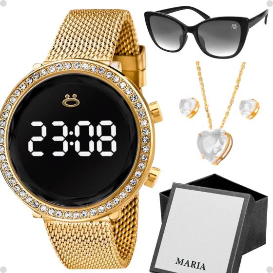Imagem de relogio dourado feminino + caixa + oculos sol + pulseira digital silicone led casual ajustável redondo qualidade premium