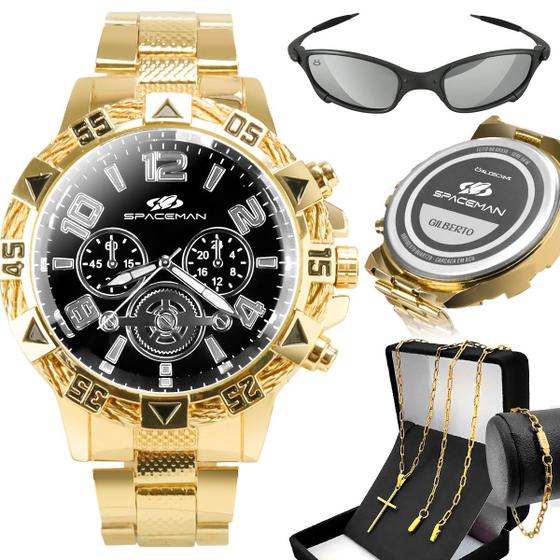 Imagem de Relogio dourado masculino + oculos sol + pulseira proteção uv ouro religioso qualidade premium