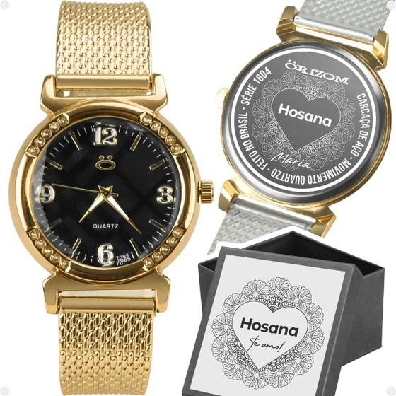 Imagem de relogio feminino aço banhado dourado silicone inox inoxidável social fundo preto qualidade premium